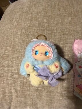 Lovely Emma/ Plush Blue and Cream Doll Keychain with Purple Bow butterfly bunny
